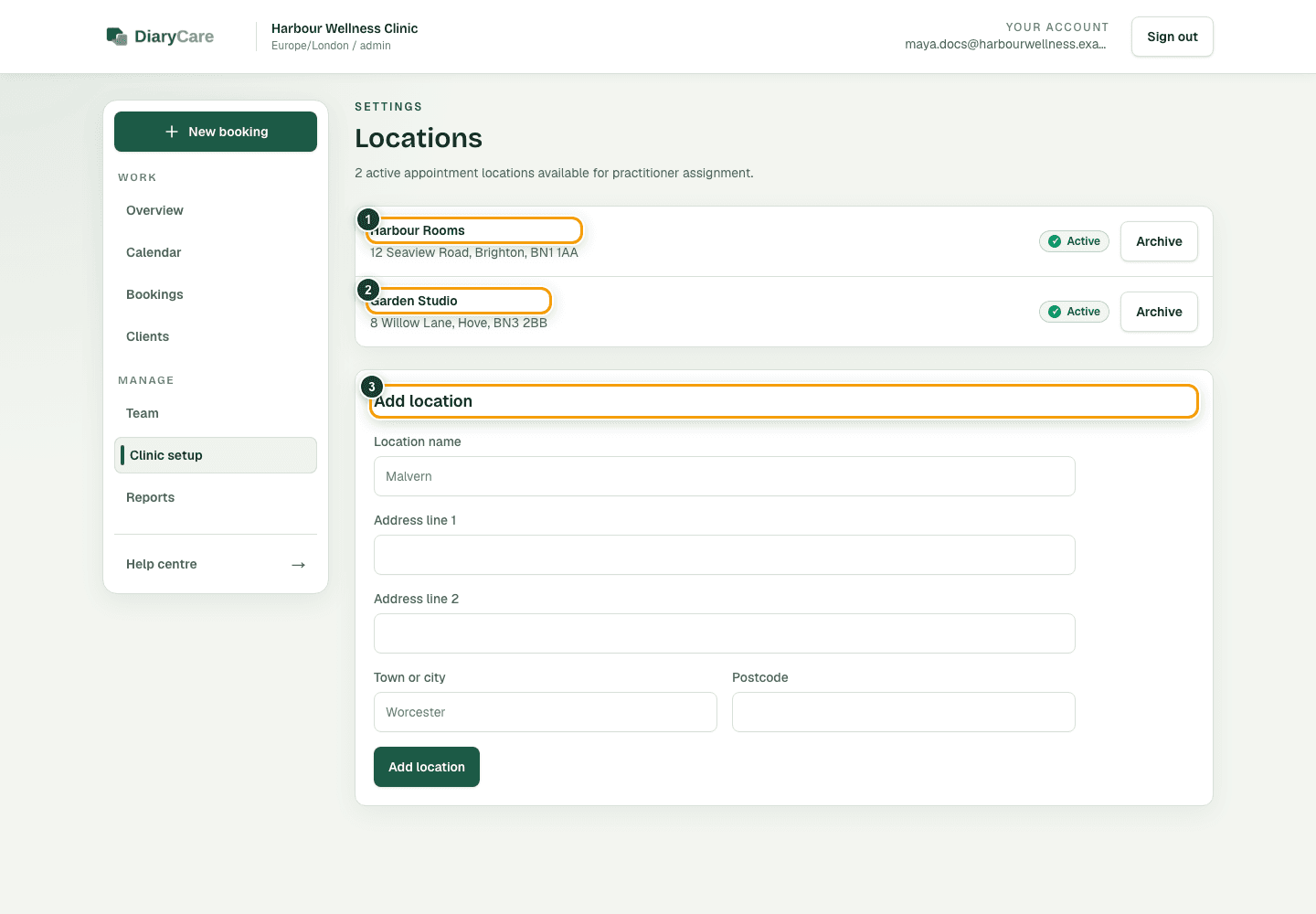 DiaryCare locations page with two existing locations and the Add location form outlined.