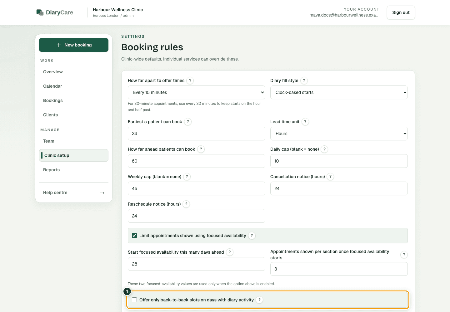 DiaryCare booking rules with Offer only back-to-back slots outlined.