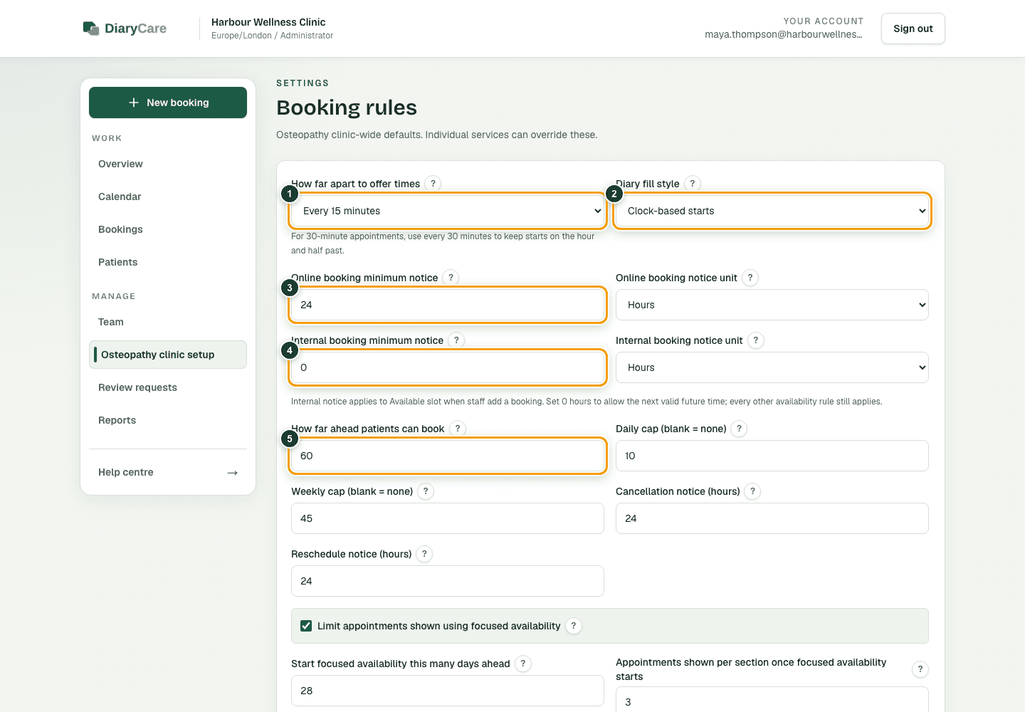 DiaryCare booking rules with appointment spacing, diary fill style, online and internal minimum notice, and the advance booking window outlined.