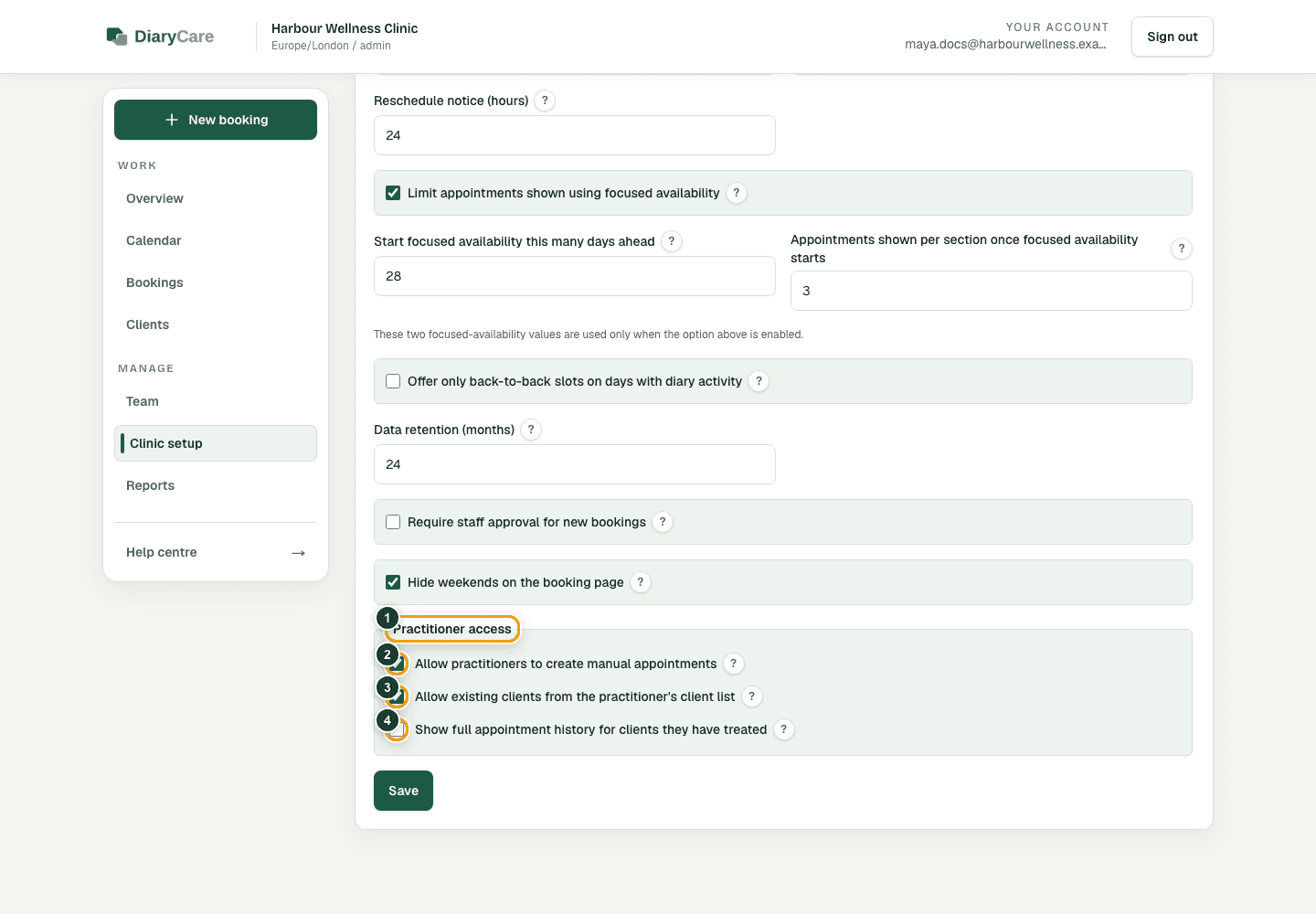 DiaryCare booking rules showing the three practitioner access checkboxes outlined.