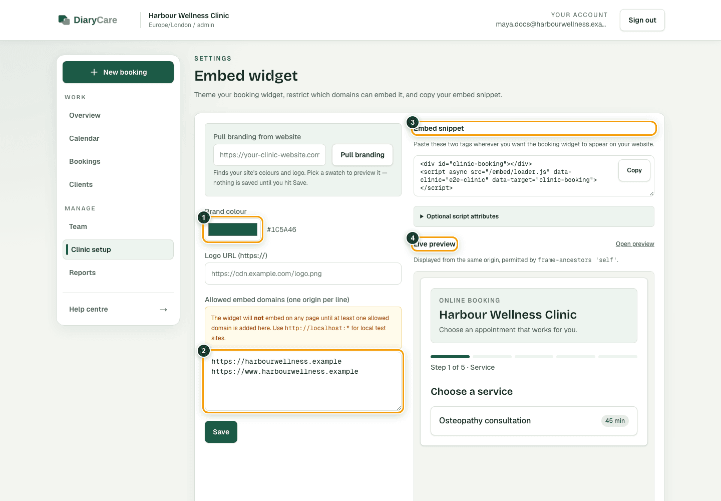 DiaryCare embed widget settings with the brand colour, allowed domains, code snippet, and live preview outlined.