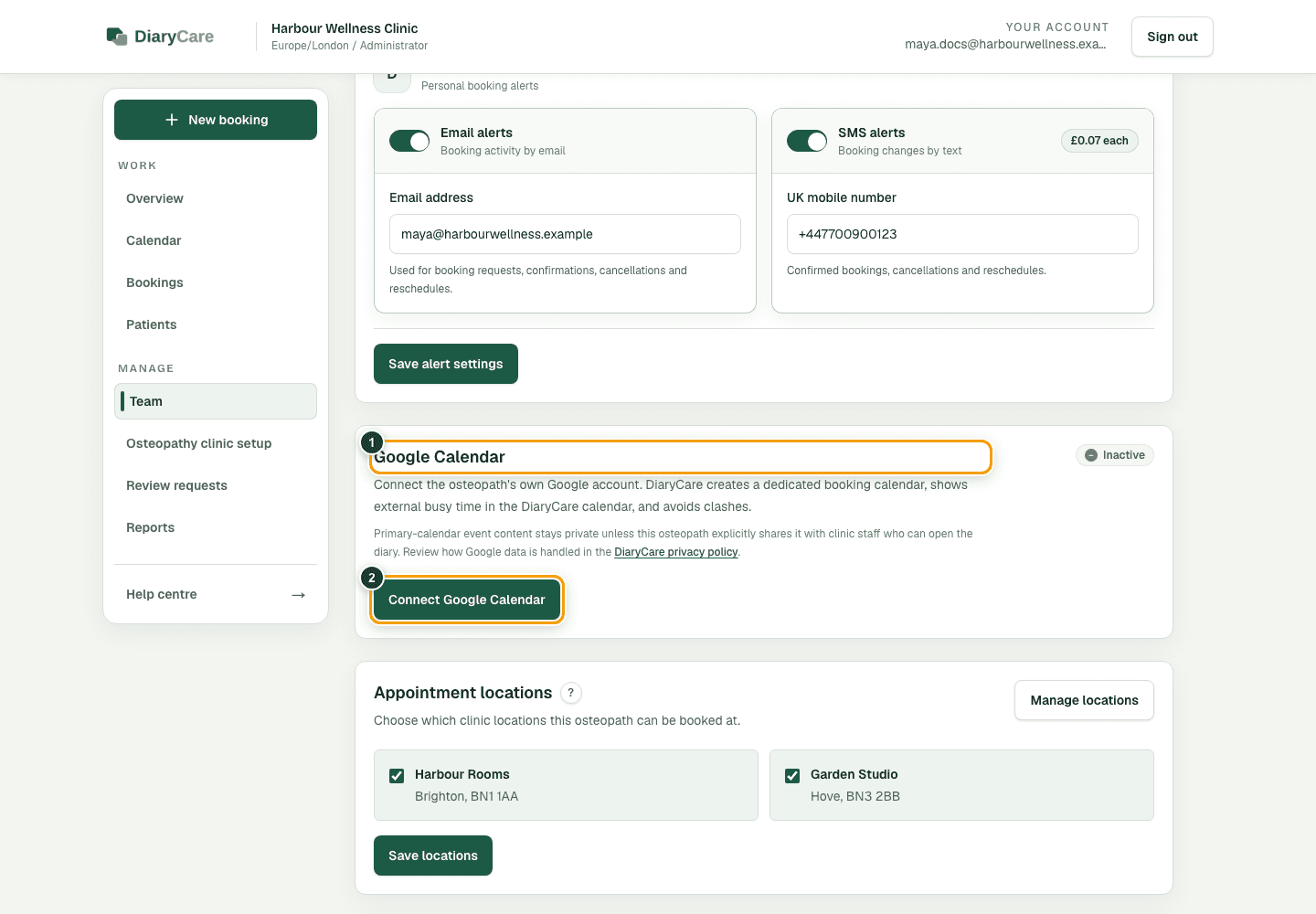 DiaryCare practitioner profile with the Google Calendar panel and Connect Google Calendar button outlined.