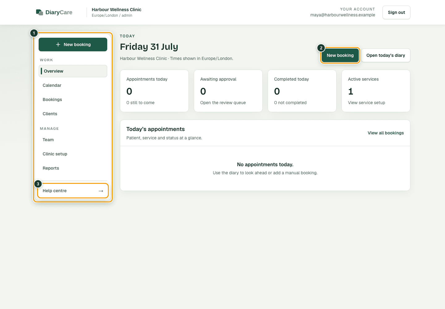 DiaryCare dashboard with the left navigation, New booking, and Help centre outlined.