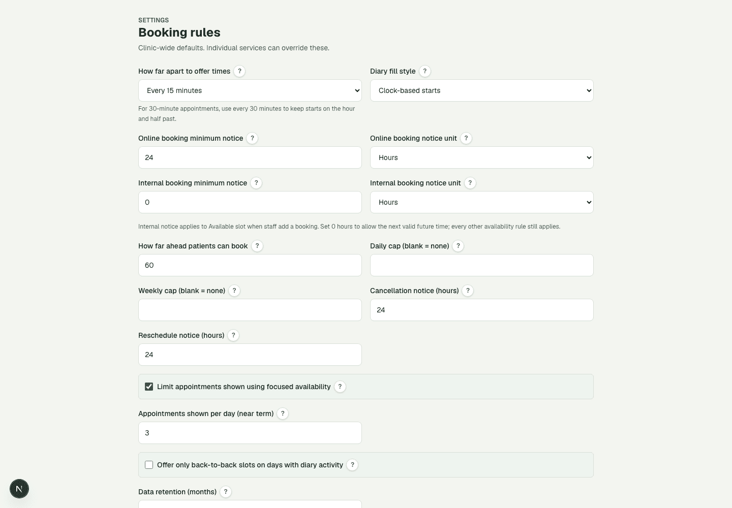 DiaryCare booking rules with focused availability and its near-term appointment count outlined.