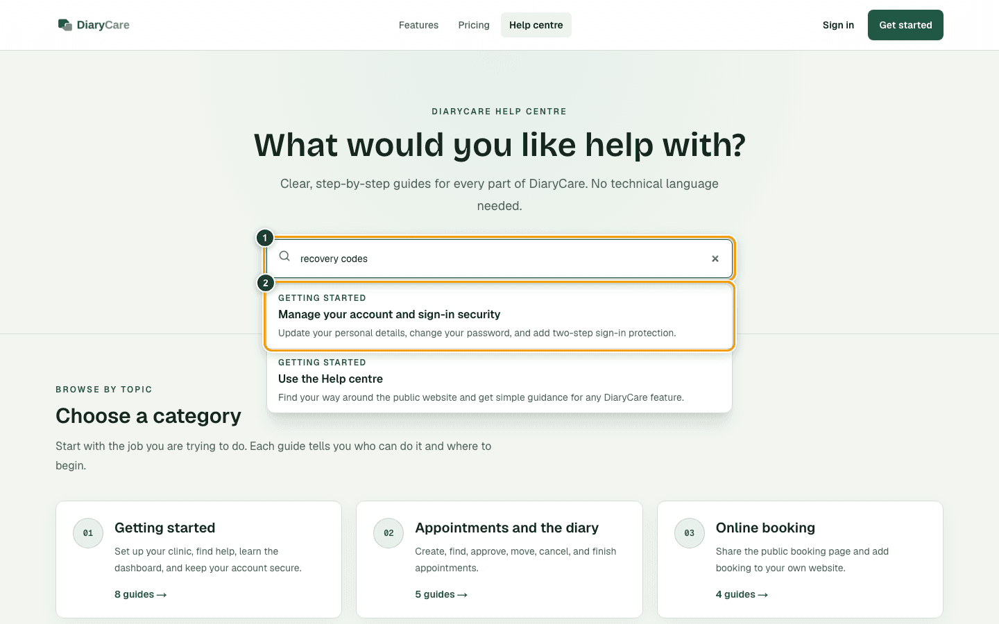 DiaryCare Help centre search for recovery codes with a matching account security guide outlined.
