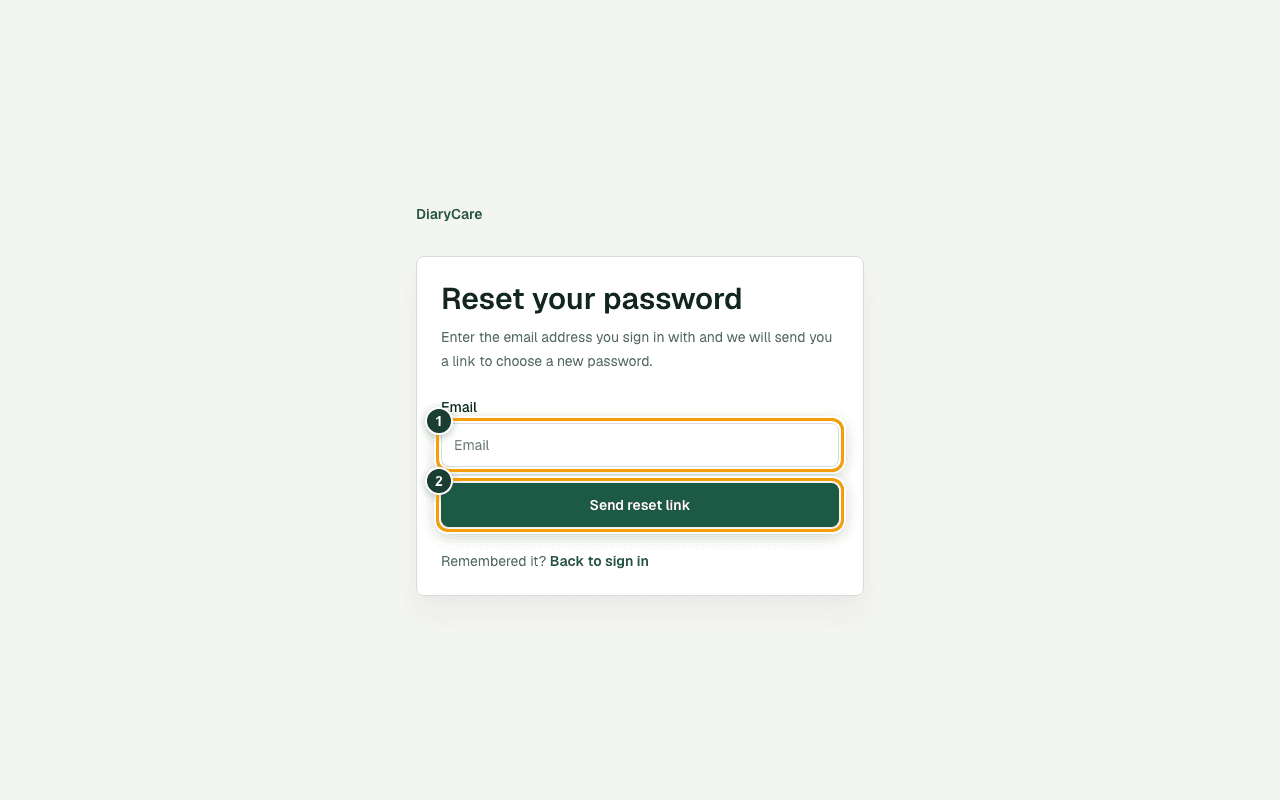 DiaryCare password reset form with the email box and Send reset link button outlined.