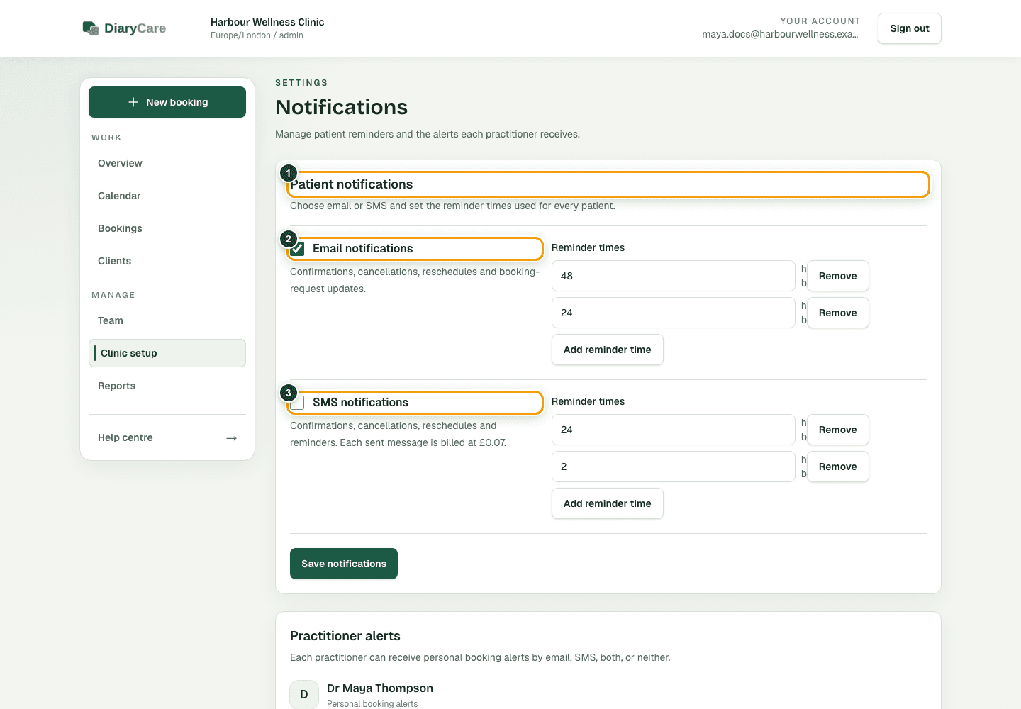 DiaryCare customer notification settings with the email and SMS sections outlined.