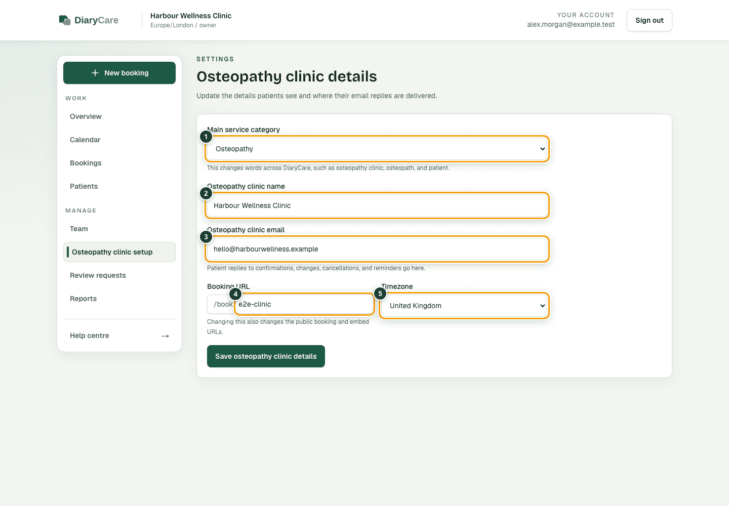 DiaryCare business details form for a fictional osteopathy clinic with the service category, clinic name, email, booking URL, and timezone outlined.