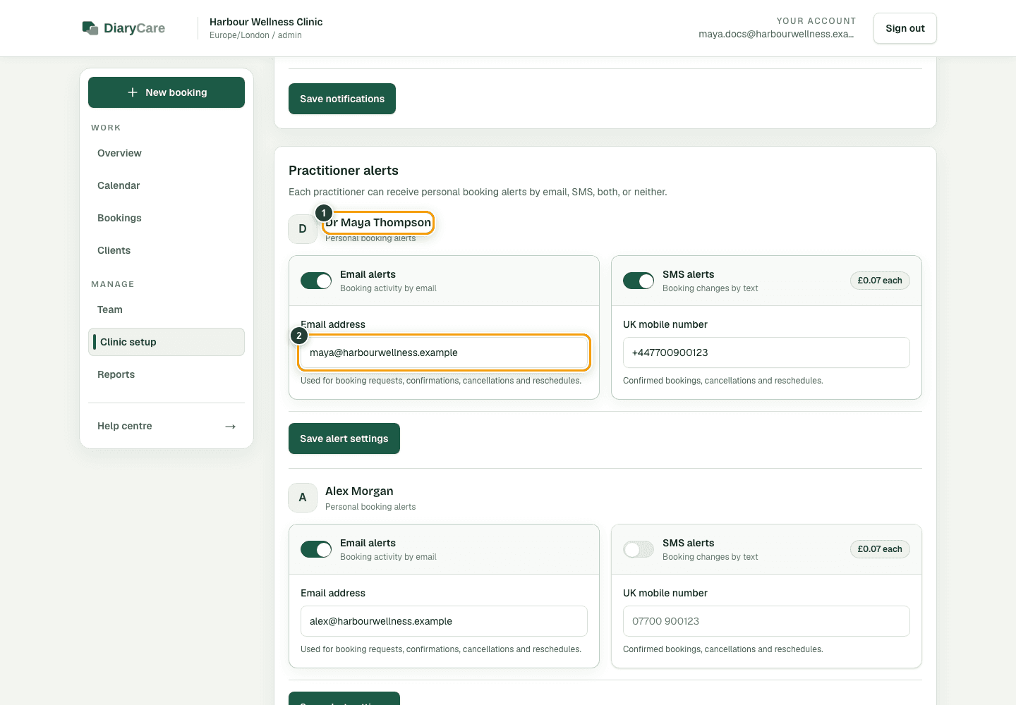 DiaryCare provider alert settings with a team member and their alert email outlined.