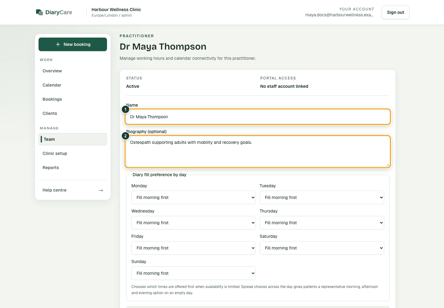 DiaryCare provider profile with the public name and biography outlined above diary fill preferences.