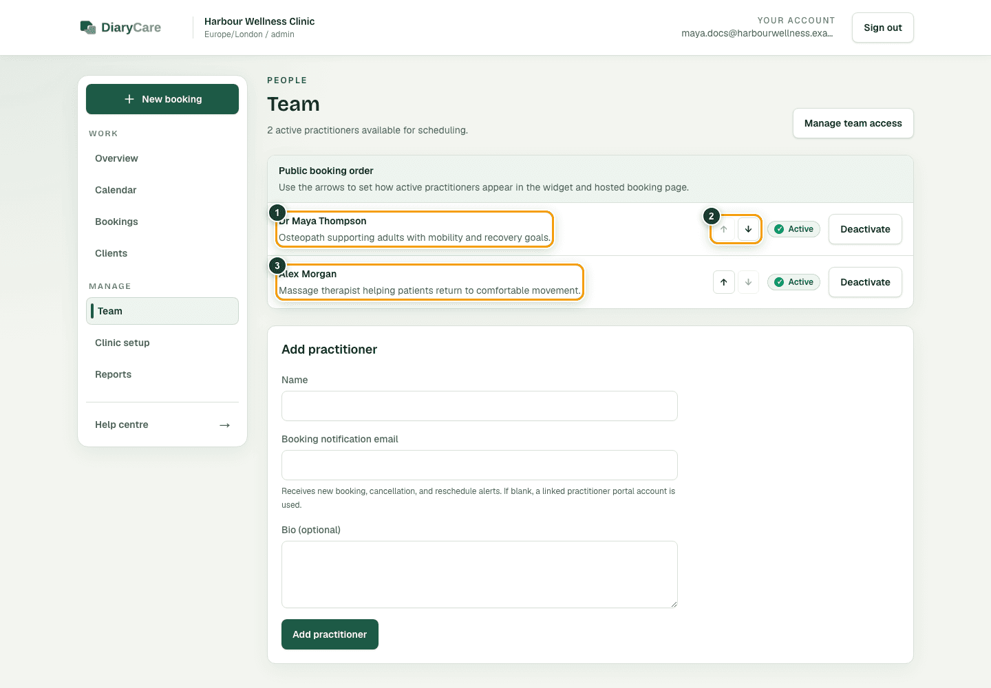 DiaryCare Team page with two providers and the first provider’s public booking position control outlined.