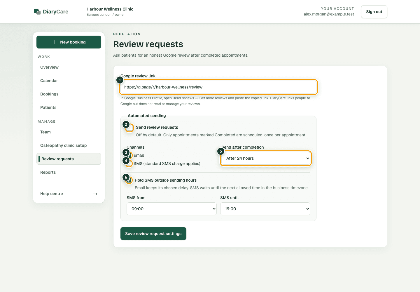 Dedicated DiaryCare Review requests page for a fictional osteopathy clinic with the Google review link, default-off automation switch, email and SMS channels, delay, and SMS sending-hours controls outlined.