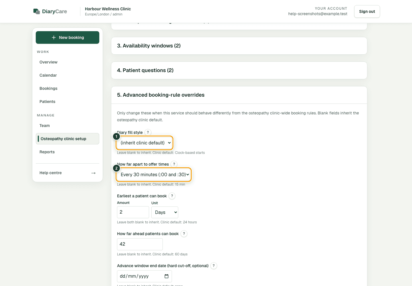 Advanced service booking-rule overrides with diary fill style and appointment spacing outlined.