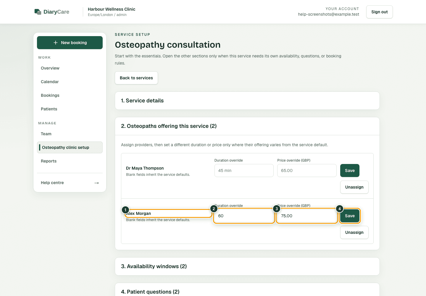 A fictional osteopathy service with one provider's name, duration override, price override, and Save button outlined.