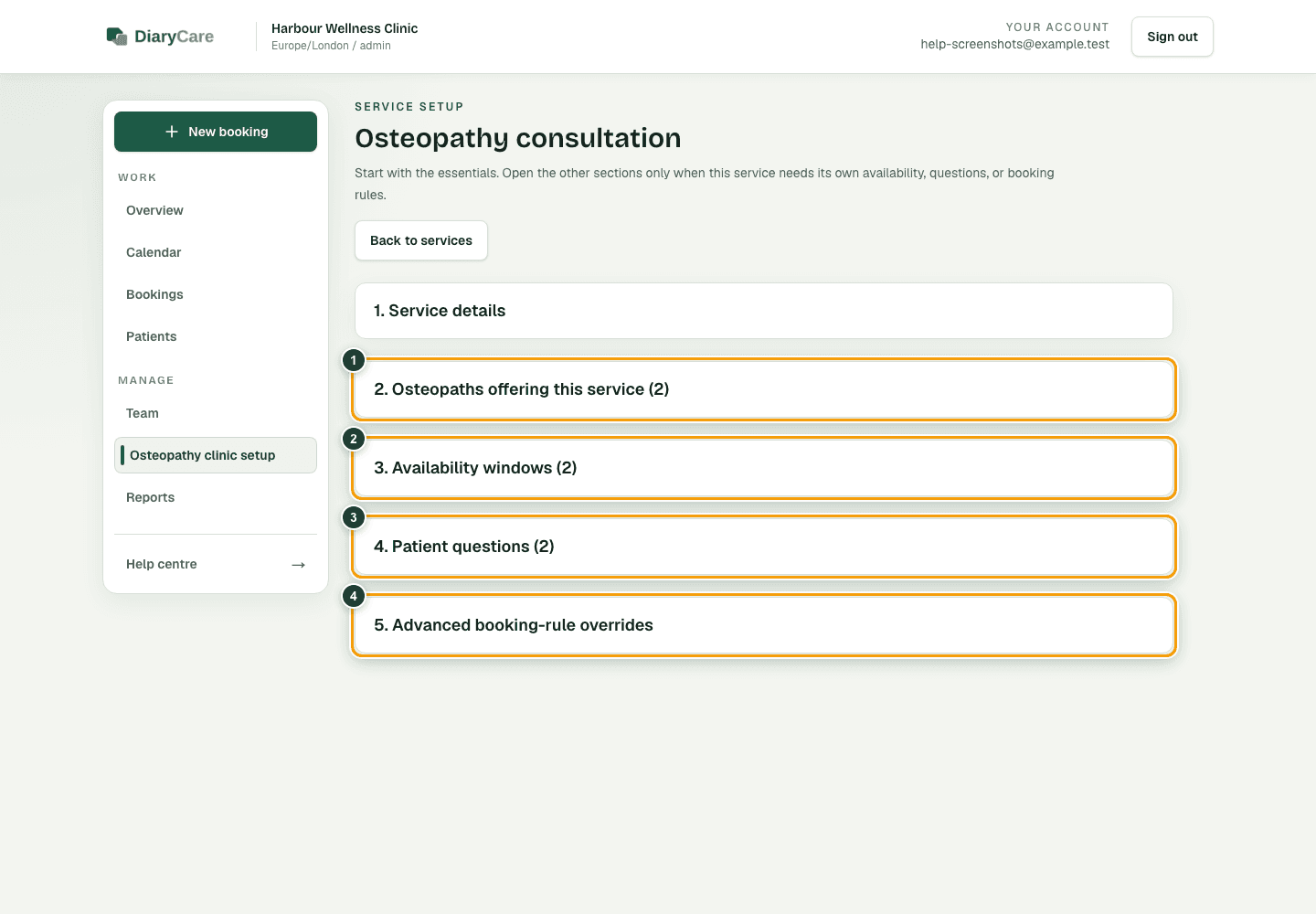 DiaryCare service page with the provider, availability, customer question, and advanced booking-rule sections outlined.