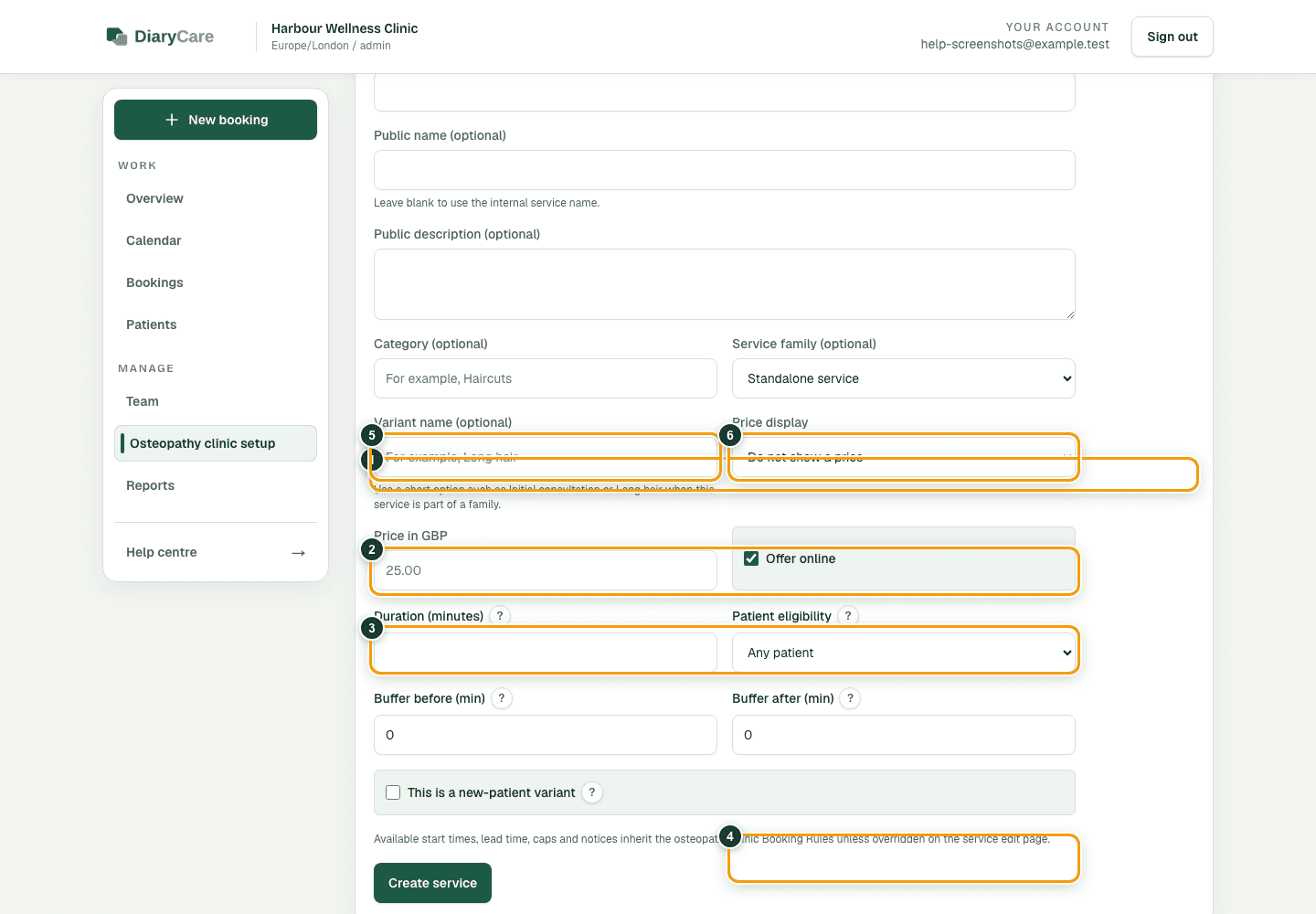 DiaryCare Add service form with its heading, internal and public names, service family, variant name, and price display controls outlined.