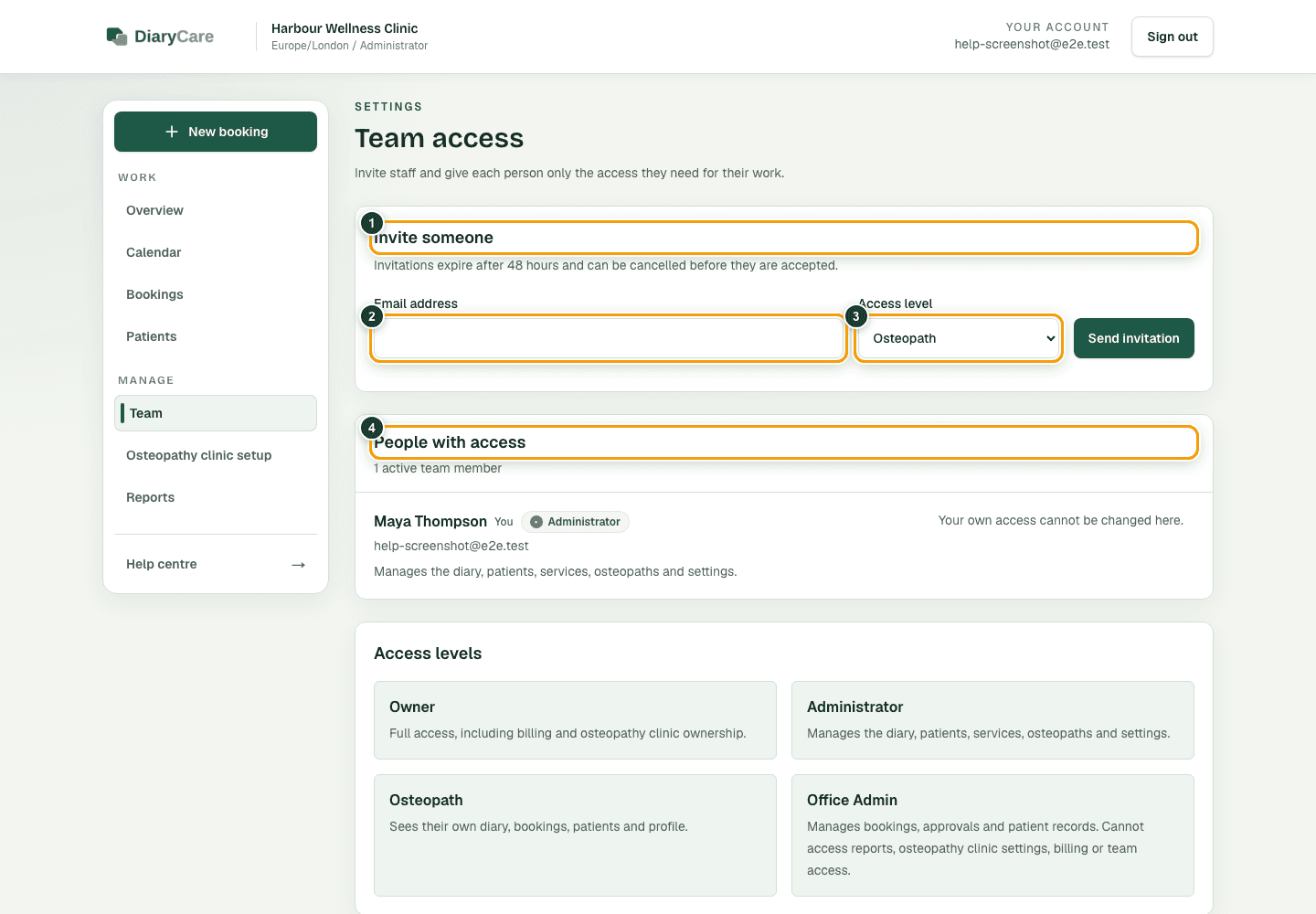 DiaryCare Team access page with invitation email, access level, and current people outlined.