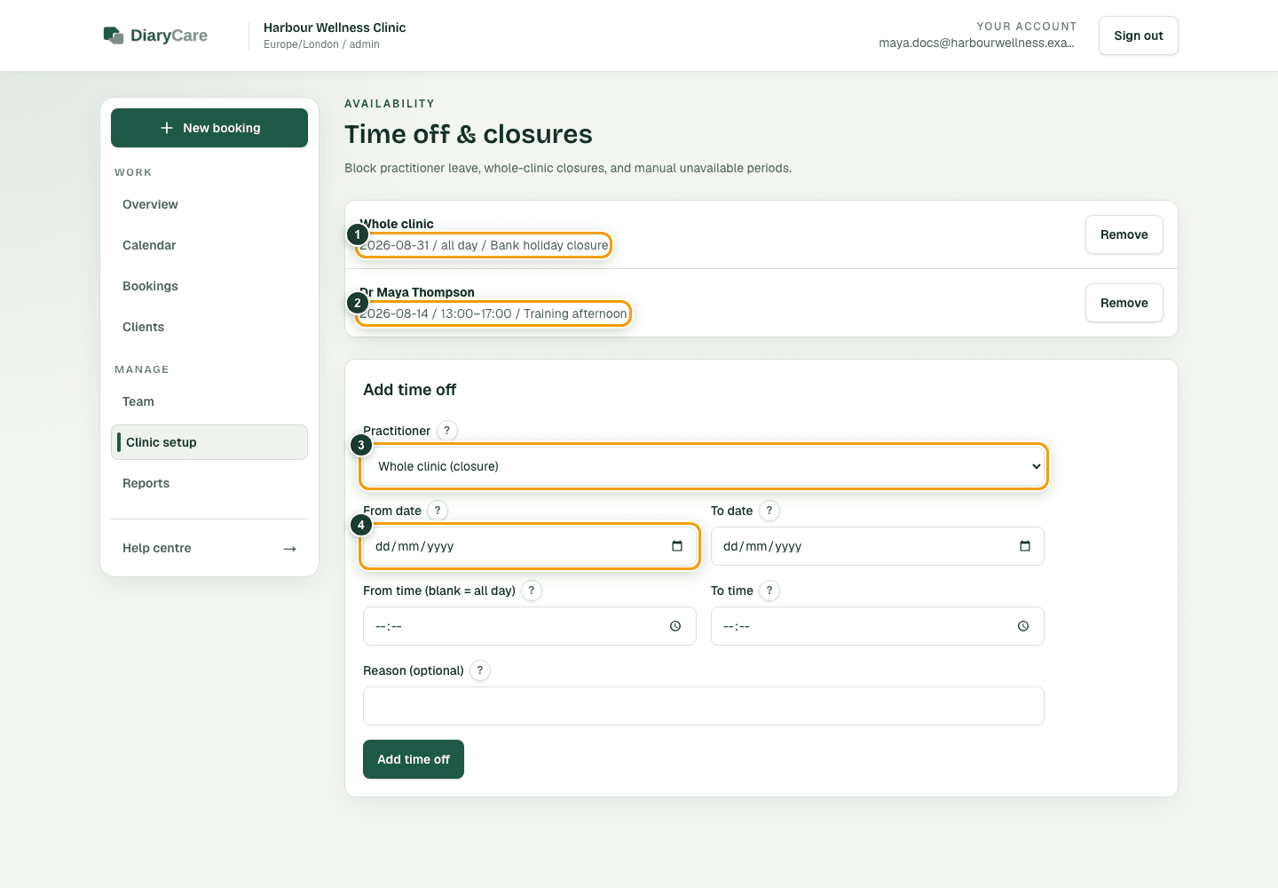 DiaryCare time off page with clinic and practitioner blocks plus practitioner and date fields outlined.