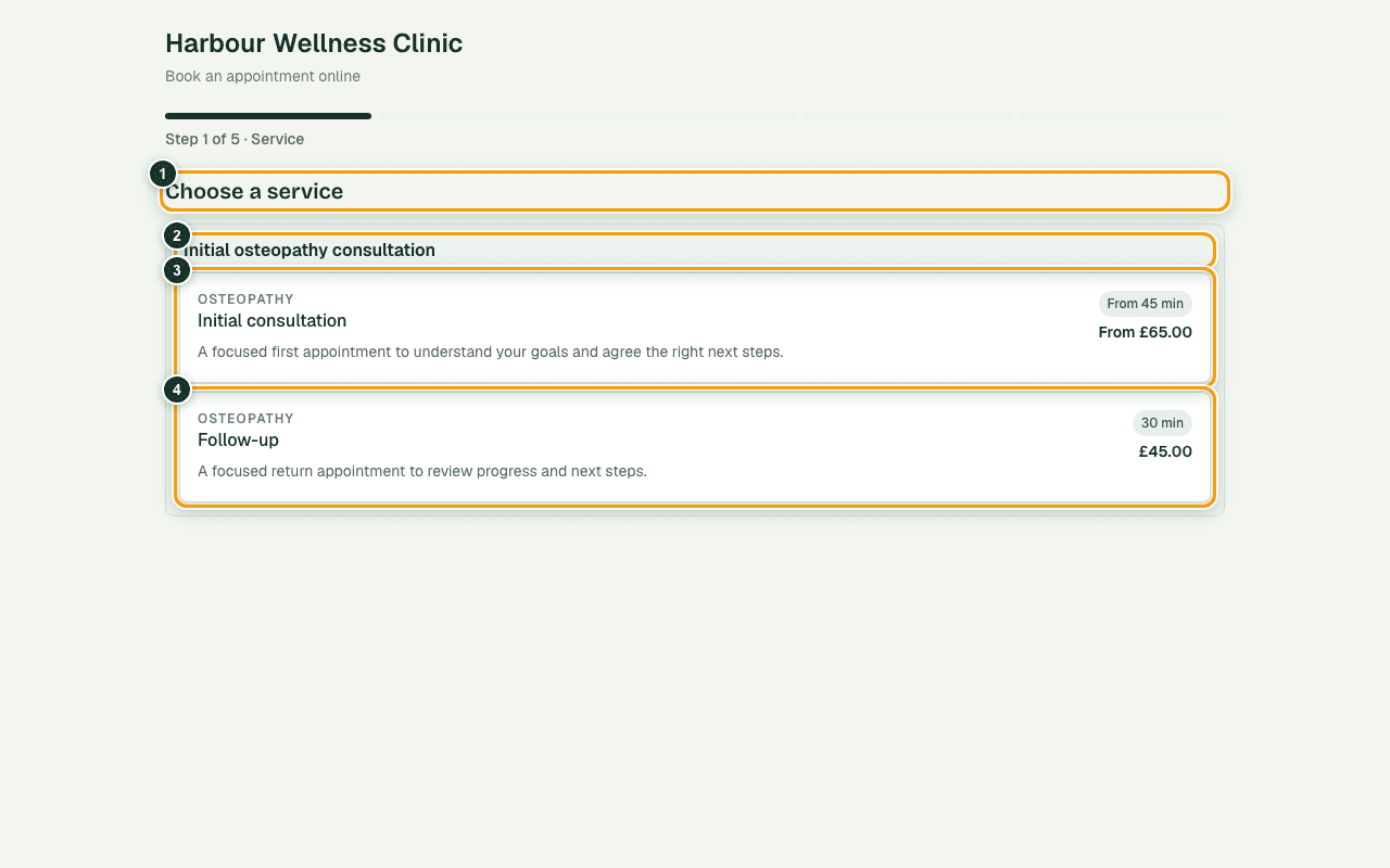 A fictional clinic booking page showing initial and follow-up options grouped under one service family.
