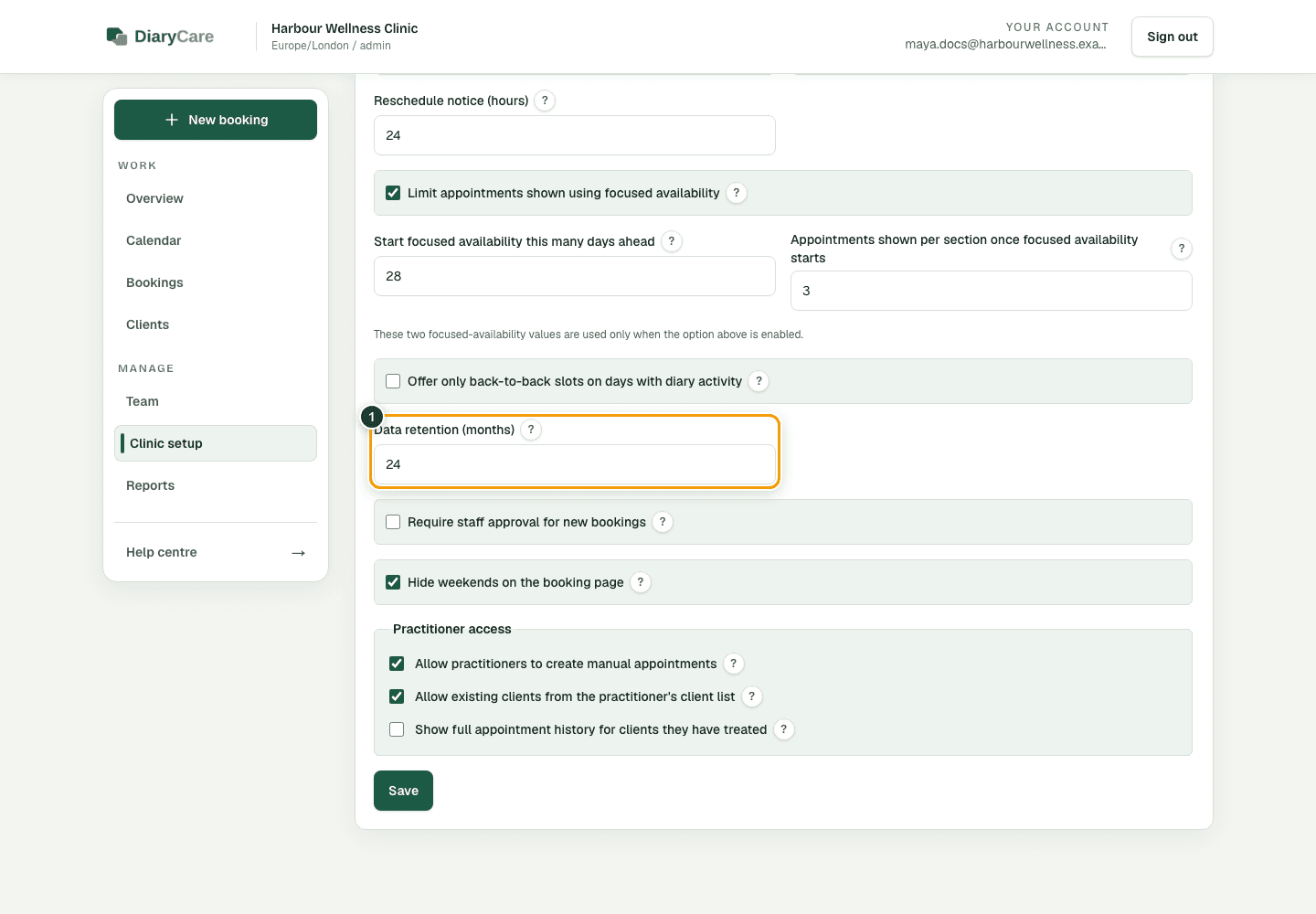 DiaryCare booking rules with the Data retention months field outlined.
