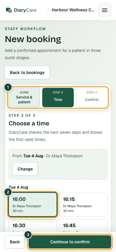 DiaryCare mobile staff booking flow showing the Time stage, validated appointment choices, and the sticky Continue to confirm action.