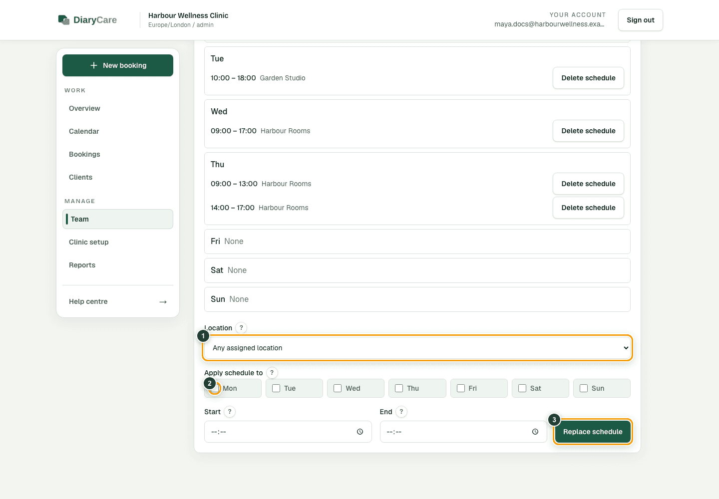 DiaryCare working hours showing the location, weekday choices, and Replace schedule button outlined.